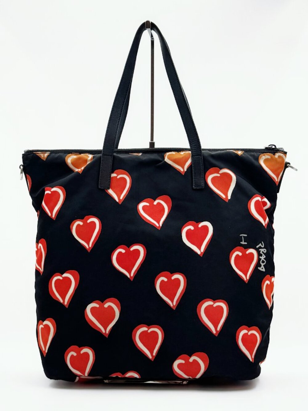 Prada Black Nylon Heart Print Tote Bag Red Orange Hearts Shoulder Bag - Picture 2 of 13